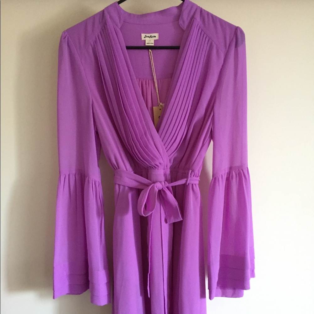 Purple lavender bell sleeve dress with waist sash